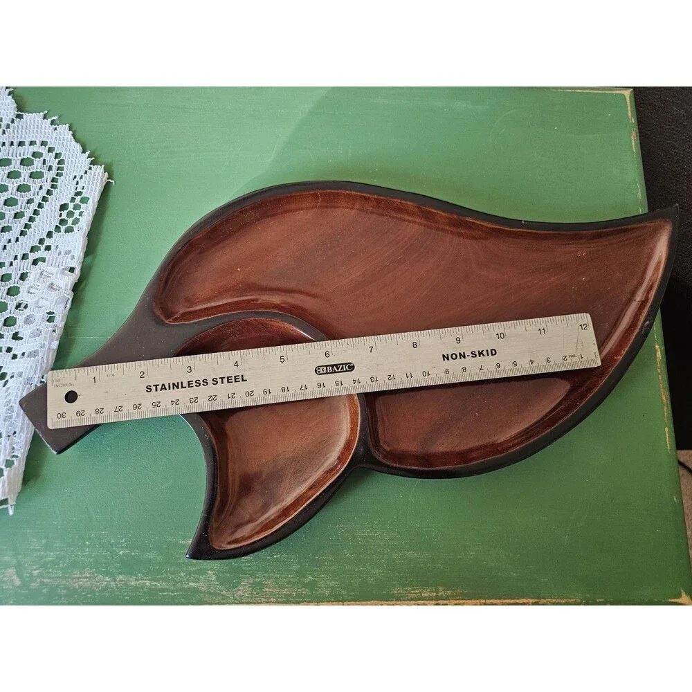Vintage Wood Leaf Shaped Tray 2 Sections 17 Inches Long Made In Haiti